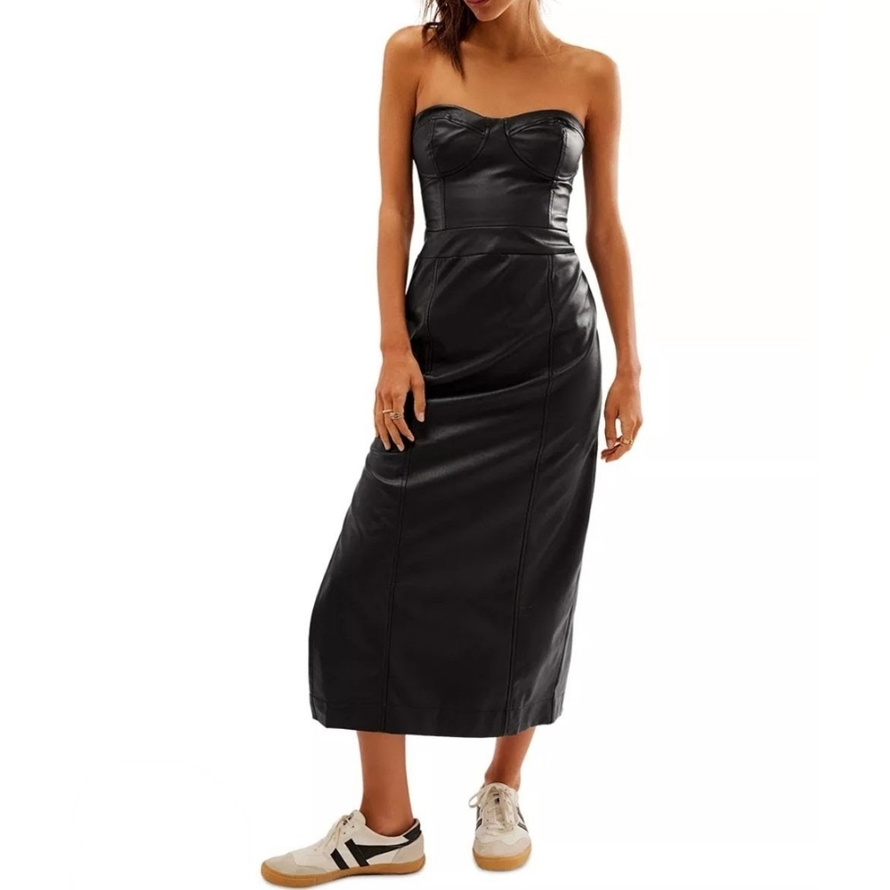Free People Mira Black Corset Dress With Slit, Vegan Leather, NWT, Size 4